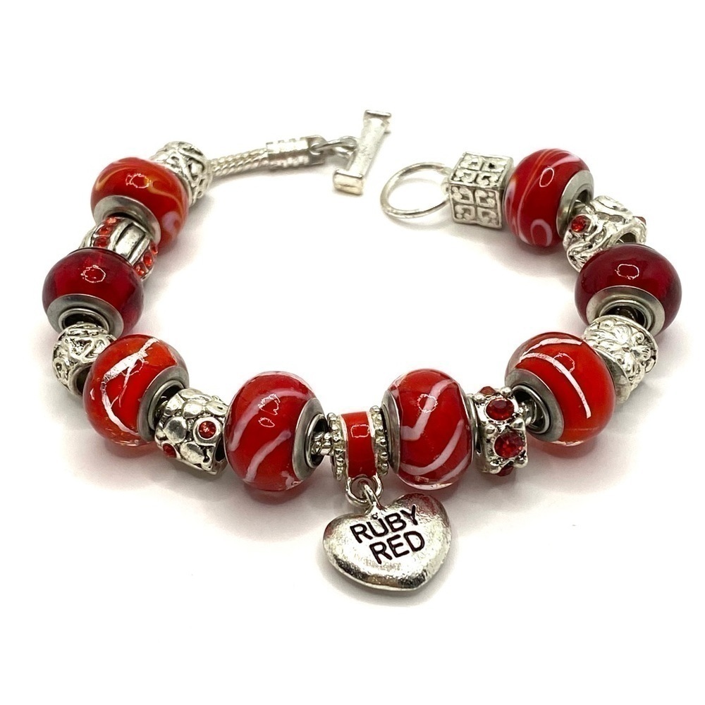 Charm Bracelet Red Glass Beads Silver Tone